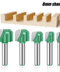 Heavy Duty 8mm Shank Solid Carbide Round Nose Router Bit For Woodworking CNC Bowl Tray Milling Cutter displayed with wood cutouts.