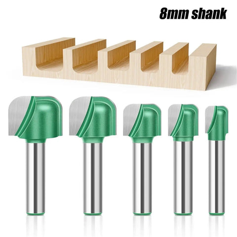Heavy Duty 8mm Shank Solid Carbide Round Nose Router Bit For Woodworking CNC Bowl Tray Milling Cutter displayed with wood cutouts.