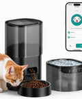 Smart Automatic Pet Feeder And Water Fountain For Cats And Dogs With Wifi App Control And Voice Recorder showing cat feeding.