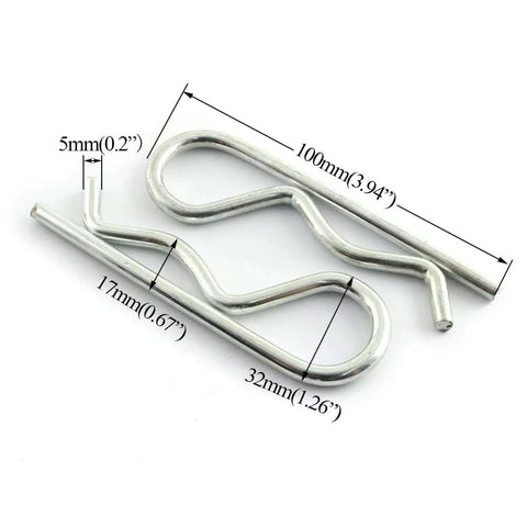 2 Pack Stainless Steel R Clips Hairpin Cotter Pins For Quick Securement M5x100 Zinc Coated, dimensions labeled, front view.