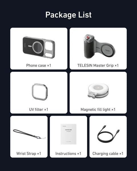 Package contents for Master Grip Universal Magnetic Phone Grip With C03 Selfie Light Kit, includes phone case and accessories.