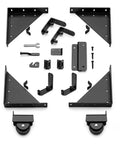 Heavy Duty Sliding Gate Kit With Anti Sag Fence Hardware Roll Wheels And Latch Universal Corner Braces For 1 To 2 Inch Wood Gates Smooth And Quiet Rolling Easy DIY Installation, black metal parts laid out