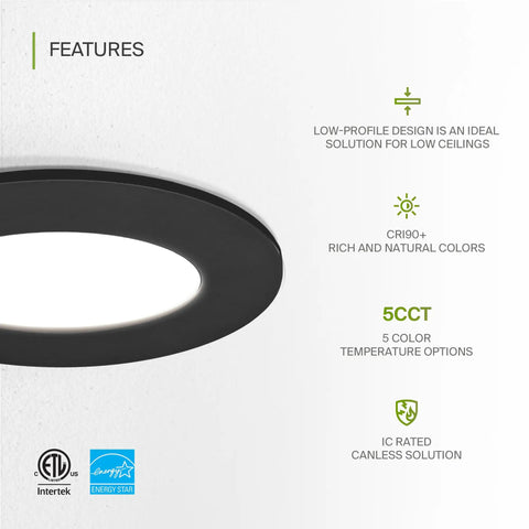 Slim 3 Inch LED Recessed Light Kit With Easy Install And 5 Color Temperatures 2700K 3000K 3500K 4000K 5000K Dimmable Canless Wafer Downlight With J Box Ultra Thin Round Panel Lighting UL Energy Star 6 Pack, black housing and CRI90+