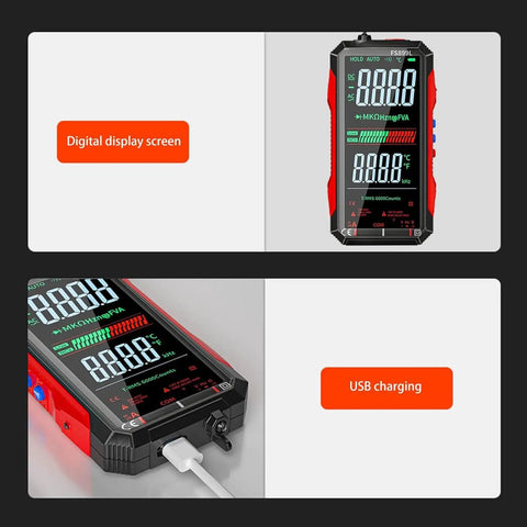 Digital display and USB charging of True RMS 6000-Count Digital Voltmeter And USB Rechargeable Auto Ranging Multimeter