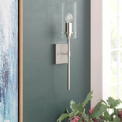 Brushed Nickel Wall Sconces Set Of 2 Sleek Modern Industrial Vanity Lights with Clear Glass Shades for bathroom wall lighting.