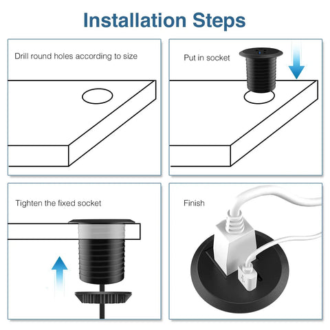 Installation steps for 2 Inch Desk Power Grommet Outlet With USB C And USB A Recessed Power Strip showing socket insertion and cable connection.
