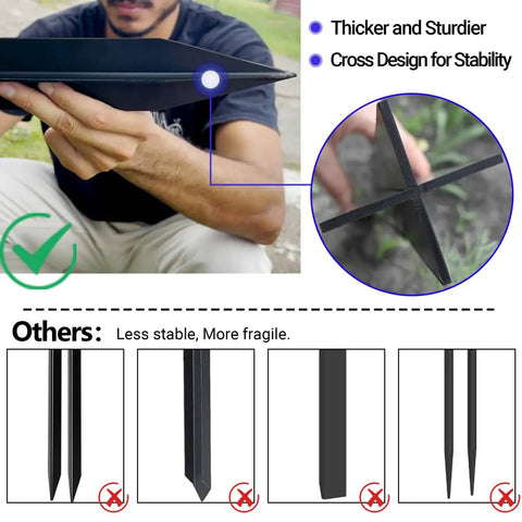 Man holding One Piece Fence Post Repair Kit Two Pack Heavy Duty Post Anchors 32 Inch Metal Ground Stakes, cross design for stability.