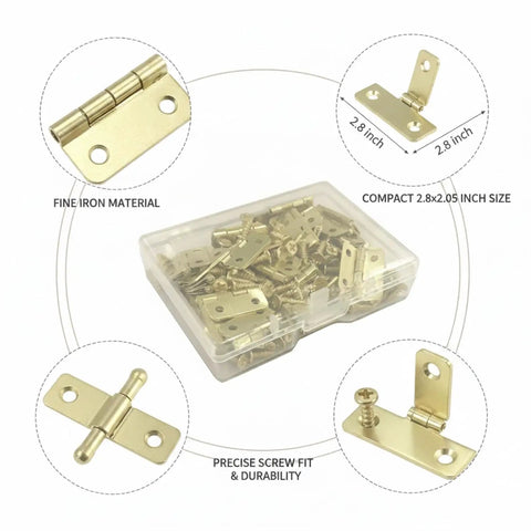 Flush Lid Foldable Iron Hinges For Jewelry Boxes And Small Wood Crafts, 50 Pack Kit With Mounting Screws in a plastic case