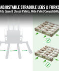 Adjustable straddle legs and forks of Heavy Duty Electric Straddle Stacker 3300 Lb Capacity fit various pallet types.