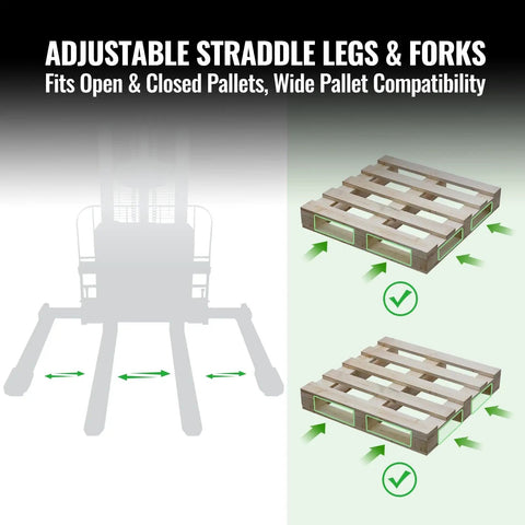 Adjustable straddle legs and forks of Heavy Duty Electric Straddle Stacker 3300 Lb Capacity fit various pallet types.