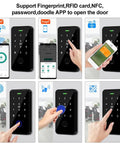 All In One Door Entry Security Kit With Waterproof Fingerprint And RFID Keypad Built Tough 180Kg Magnetic Lock 12V 3A Power Supply Stainless Steel Exit Button And 10 Key Fobs in use with smartphone and RFID interactions.