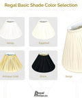 Color selection for pleat lamp shades including white, eggshell, antique gold, black, and beige options.
