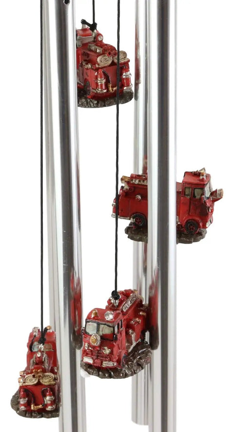 Red Fire Engine Wind Chime For Patio And Garden Decor Fire Fighter Theme Fire Truck Model With Hydrants 20 Inch Tall Resin Wind Chime