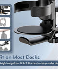 2 In 1 Desk Cup Holder And Headphone Hook, 360 Degree Rotating Aluminum Alloy Bracket shown clamped on desk