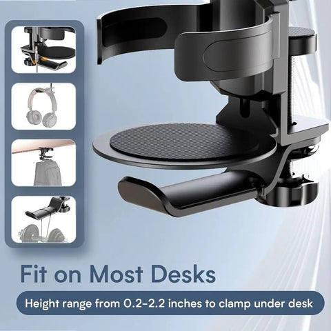 2 In 1 Desk Cup Holder And Headphone Hook, 360 Degree Rotating Aluminum Alloy Bracket shown clamped on desk
