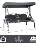 Three Seat Patio Swing With Canopy And Cup Holders, Heavy Duty Steel Frame swing dimensions and features, Weather Resistant Outdoor Swing Bench