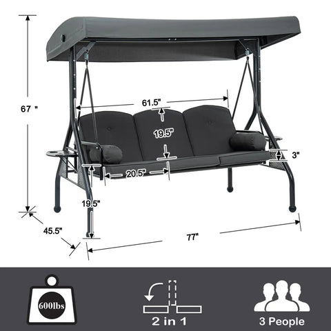 Three Seat Patio Swing With Canopy And Cup Holders, Heavy Duty Steel Frame swing dimensions and features, Weather Resistant Outdoor Swing Bench