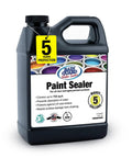 All Weather Heavy Duty Acrylic Paint Sealer For Indoor And Outdoor Use Water Based VOC Free Shields Surfaces From Water UV And Weather Easy To Apply Semi Satin Finish 5 Gallons label showing jug and features.