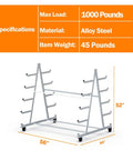 Heavy Duty Lumber Storage Rack On Wheels 5ft By 3.7ft By 4.3ft Rugged Alloy Steel Build That Lasts Easy To Move On Four Heavy Duty 3 Inch Swivel Casters Ideal Garage Workshop Go To Lumber Organization showing dimensions and specifications