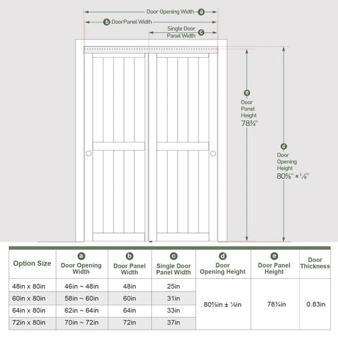 Diagram of sliding closet doors 60x80 inches with white bypass barn door hardware kit for bedroom and laundry room.