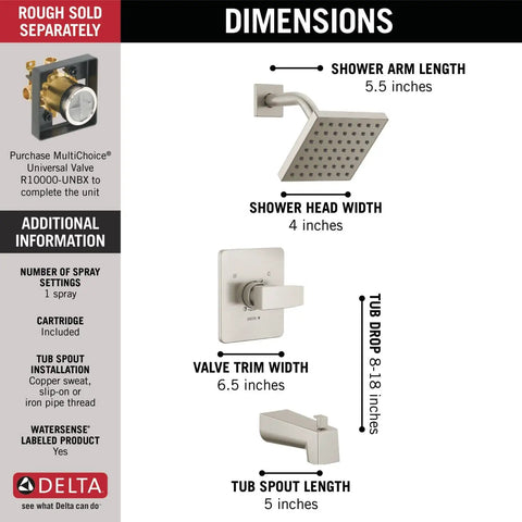 Brushed Nickel Tub And Shower Trim Kit With Single Spray Touch-Clean Shower Head dimensions and installation details