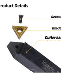 Jerax 1/4" indexable turning tool set with TCMT carbide inserts; screw, gold triangular insert, and black cutter bar.