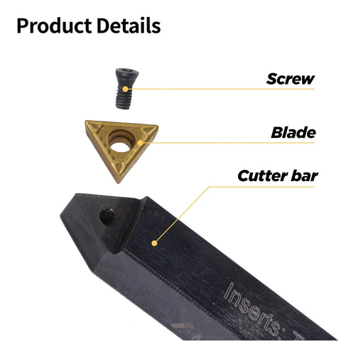 Jerax 1/4" indexable turning tool set with TCMT carbide inserts; screw, gold triangular insert, and black cutter bar.