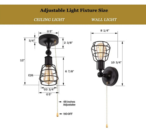 Industrial Farmhouse Style Ceiling Light With Pull Chain One Light Black Semi Flush Mount Adjustable Metal Cage Directional Wall Sconce