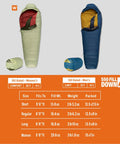 Cosmic 20 Down Mummy Sleeping Bag With 550 Fill Power Down, Recycled Fabrics And PFAS Free DWR, side by side in sizes and colors.