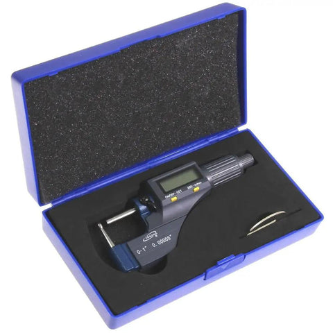 Digital Micrometer With Data Output 0 To 1 Inch Range 0.00005 Inch Resolution in blue case with accessories