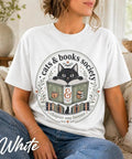 Top Tier Cat With Books T Shirt Sporting Vintage Reader Badge Detail Crafted From Hella Soft Ring Spun Cotton To Keep You Cozy During Those Lazy Sunday Reading Marathons Today
