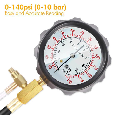 BETOOLL Master fuel injector pressure tester gauge kit with brass fittings, black dial, 0-140 psi