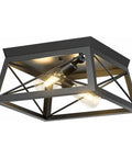 Industrial Ceiling Light Fixture 2 Light Farmhouse Semi Flush Mount Black Metal Cage With Faux Wood Finish