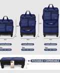Expandable 36 Inch Rolling Duffel Bag With Wheels, showing three-layer design and hardshell base next to a smartphone for scale.