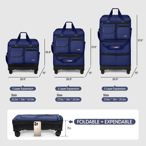 Expandable 36 Inch Rolling Duffel Bag With Wheels, showing three-layer design and hardshell base next to a smartphone for scale.