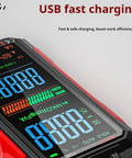 Close-up of USB Rechargeable Digital Multimeter with Auto Display showing digital readings, 2026 Model, CE RoHS certified.