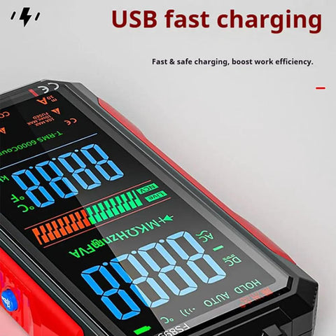 Close-up of USB Rechargeable Digital Multimeter with Auto Display showing digital readings, 2026 Model, CE RoHS certified.
