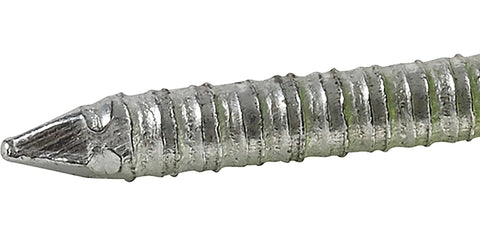 Rock Solid Electro Galvanized Roofing Nails Number 12 Gauge One Inch Long Spiral Shank close-up showing spiral texture.