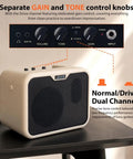 Compact 10W Bass Amp For Practice, Dual Channel Normal And Drive, Battery Powered Portable Bass Guitar Amp on a table