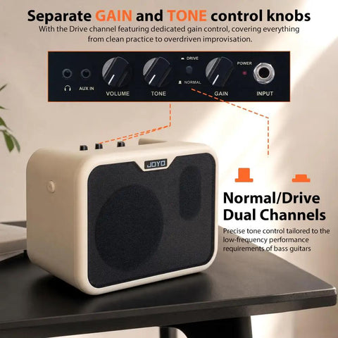 Compact 10W Bass Amp For Practice, Dual Channel Normal And Drive, Battery Powered Portable Bass Guitar Amp on a table