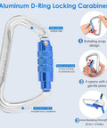 Close-up of aluminum D-ring locking carabiner with blue triple lock gate for Blue Steel Core Flip Line Kit For Tree Climbers.