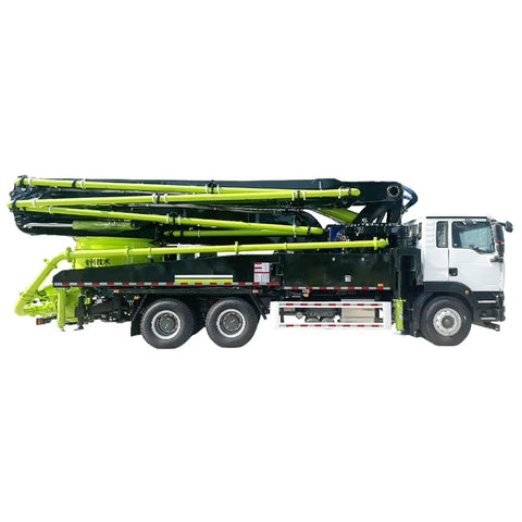 Side view of Road Ready Concrete Boom Pump And Mobile Mixer Truck Rig with extended boom, constructed for heavy-duty residential use.