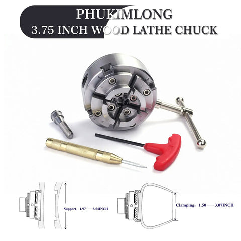 Beefy 3.75 Inch 4 Jaw Self Centering Scroll Chuck For Wood Lathe With 1 Inch 8 TPI Thread, includes tools and diagram