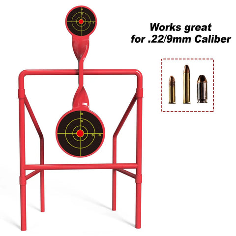 Three Eighths Inch Solid Steel Auto Reset Spinner Target For Centerfire Handguns Up To.44 Magnum And 9mm With 2.8 And 4.5 Inch Spinner Plates Safe At Thirty Plus Yards And A Crisp Audible Ding On Every Hit, red frame with two spinner plates