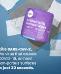 EPA Registered Antibacterial Wipes For Surfaces And Equipment That Kill 99.9 Percent Of Germs In 15 Seconds, purple packaging