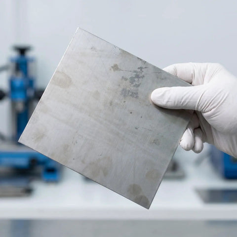 Two Piece Square Stainless Steel Sheet 100x100x2mm Flat Metal Plate Smooth Mill Finish held in gloved hand for DIY projects and repairs.