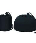 Two black nylon mesh camping storage bags for pots and utensils, drawstring organizers for kettle and tableware, outdoor gear sacks.