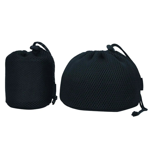 Two black nylon mesh camping storage bags for pots and utensils, drawstring organizers for kettle and tableware, outdoor gear sacks.