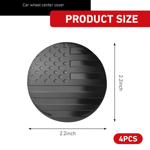 Fresh American Flag Wheel Center Caps With Tough Scratch Resistant Hub Cover Protectors For Cars Keeping Your Ride Looking Sharp And Fully Waterproof In Classic Black Finish, 2.2 inch round size, detailed flag pattern, pack of four.