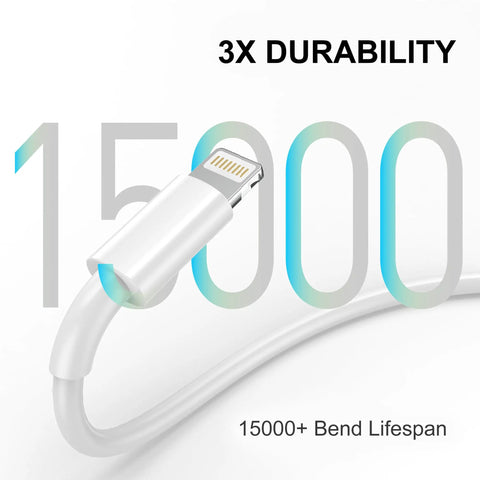 Close-up of Lightning CarPlay Cable For iPhone Fast Charge And Data Transfer USB A To Lightning Cord 3Ft with bend lifespan graphics